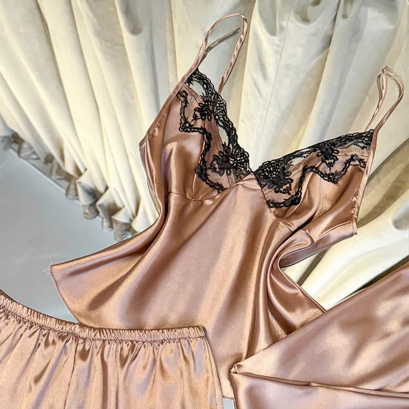 2026 New Heavy Satin Camisole Pajama Set Summer Three-Piece Sleepwear for Women Pure and Alluring Lace Trim Loungewear