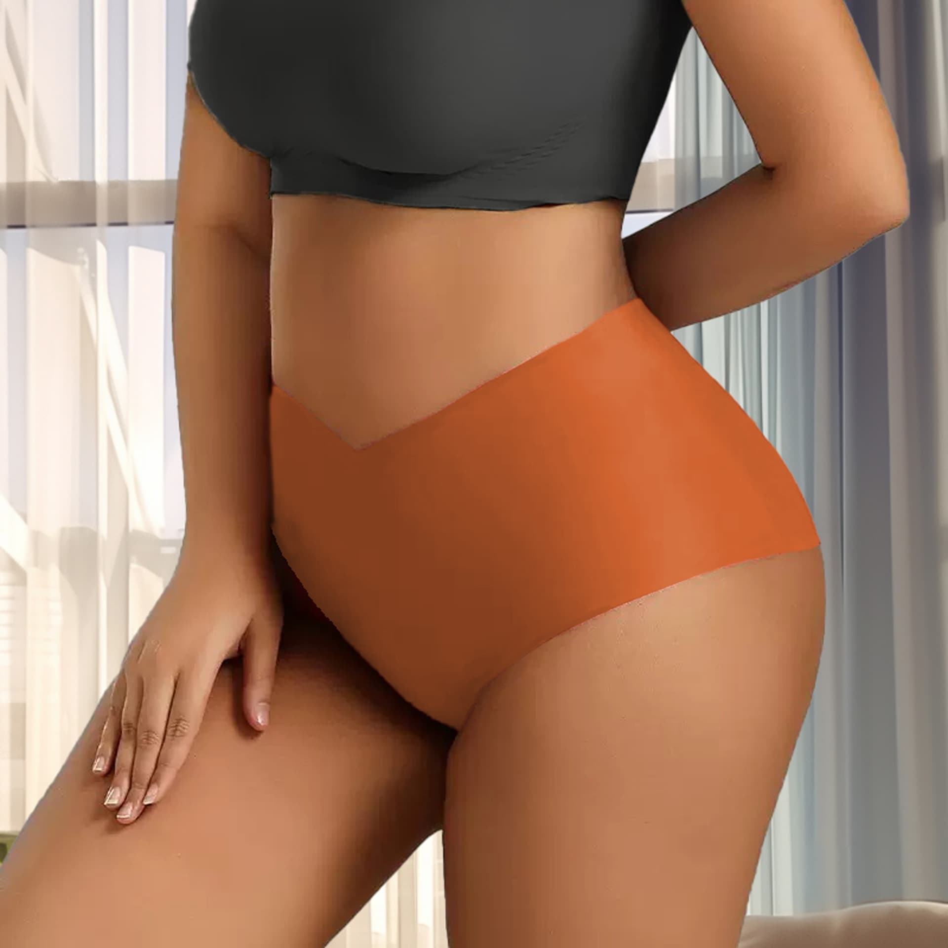 High-Waist V-Shaped Seamless Ice Silk Panties for Women, Plus Size Butt Lifting Tummy Control Breathable Cotton Crotch Triangle Briefs