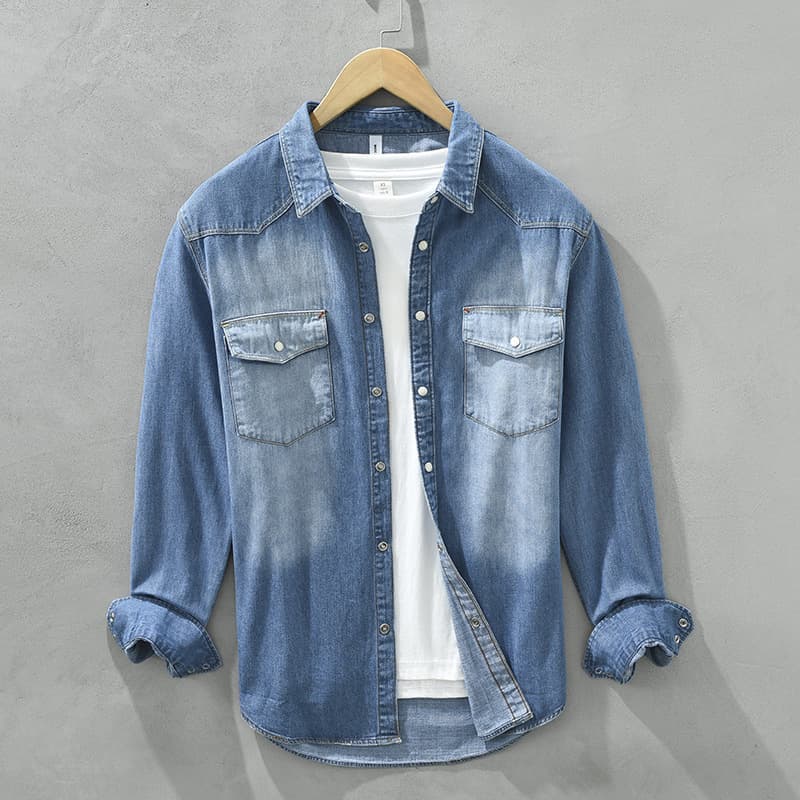 Men's Slim Fit Denim Shirt Jacket Casual Versatile Long Sleeve Open Cardigan Outerwear Spring Autumn Cotton Youth Fashion