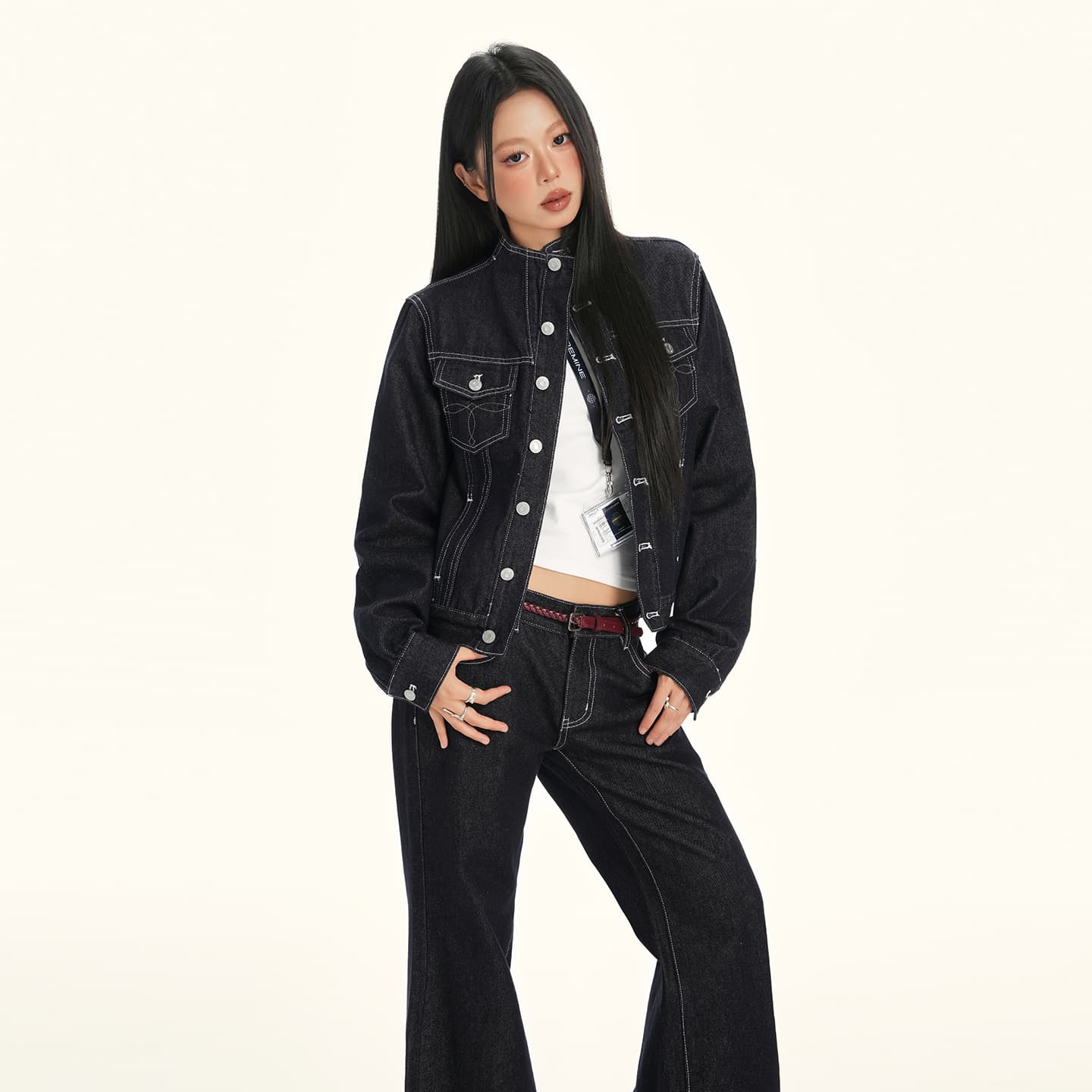 【Denim Set】American Deconstructed Structured Shoulder Fitted Denim Jacket Versatile Raw Denim Jeans for Women