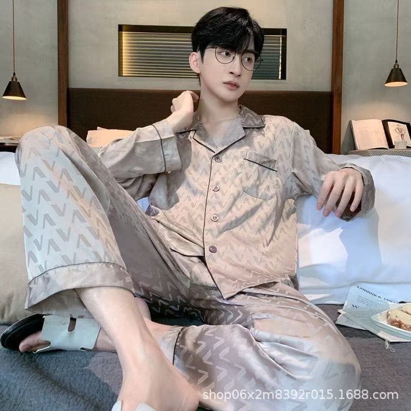 Men's Sleepwear Spring/Fall Ice Silk Long Sleeve Top and Pants Set, 2025 New Premium Homewear