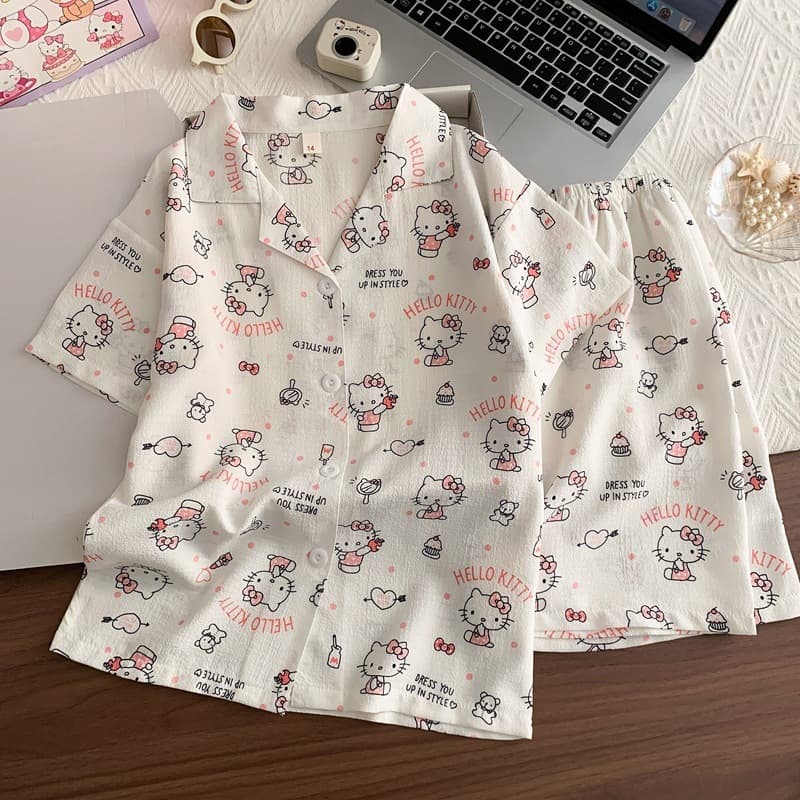 Women's Summer Pajamas Bubble Cotton Short Sleeve Shorts 2026 New Lightweight Wearable Out Cartoon Homewear Set