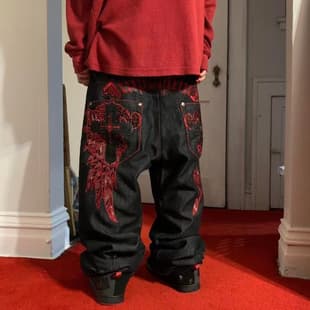 Cross-Border Factory Direct – American Retro Embroidered Hip-Hop Streetwear High-Waist Wide-Leg Jeans, Casual Versatile