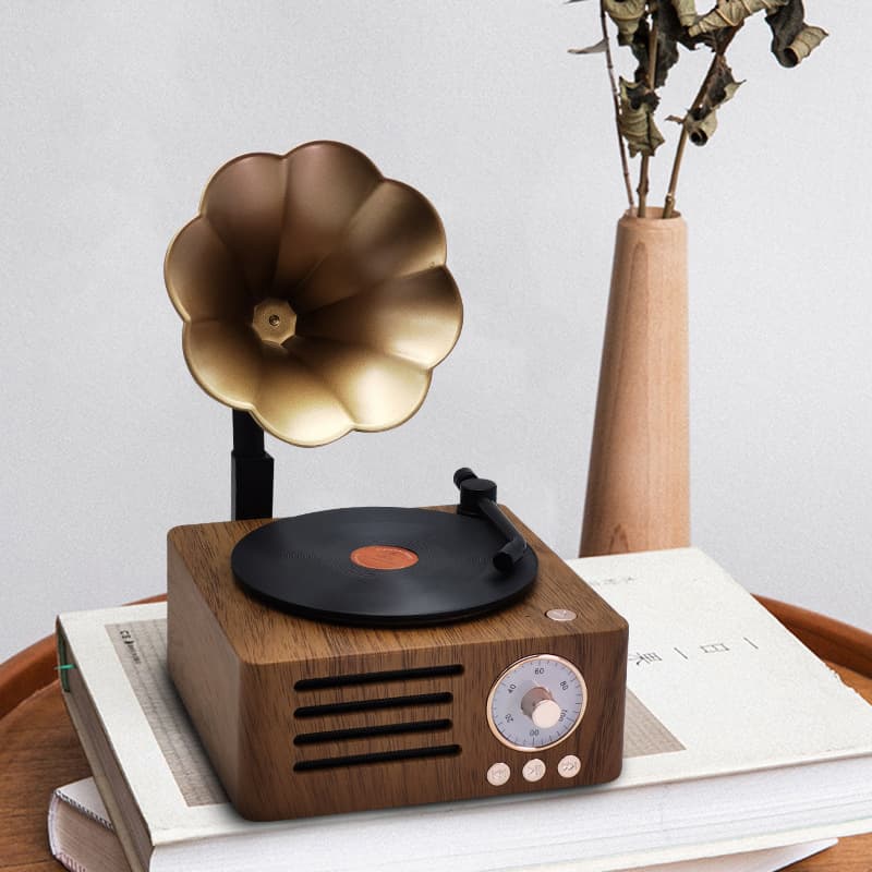 Vintage Phonograph Bluetooth Speaker Wood Grain Mini Horn Speaker Rotating Record Player Gift Decoration Audio
