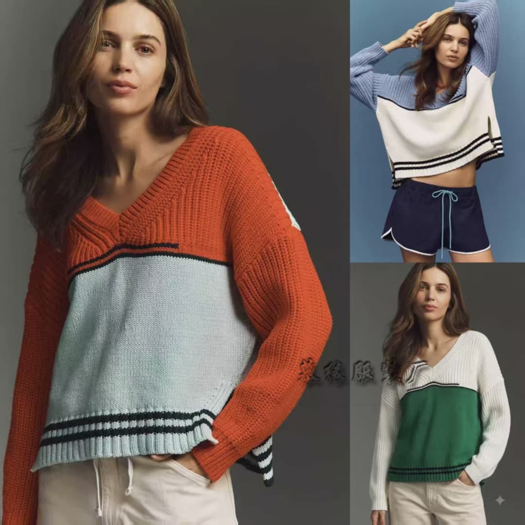 2026 new contrast color new Amazon European and American cross-border sweater V-neck loose pullover sweater autumn and winter sweater