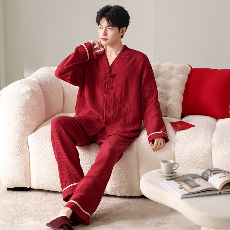 Luxurious Spring and Autumn Pure Cotton Round Neck Long Sleeve Long Pants Two-Piece Homewear and Pajama Set with Chest Pads, Suitable for Outdoor Walks