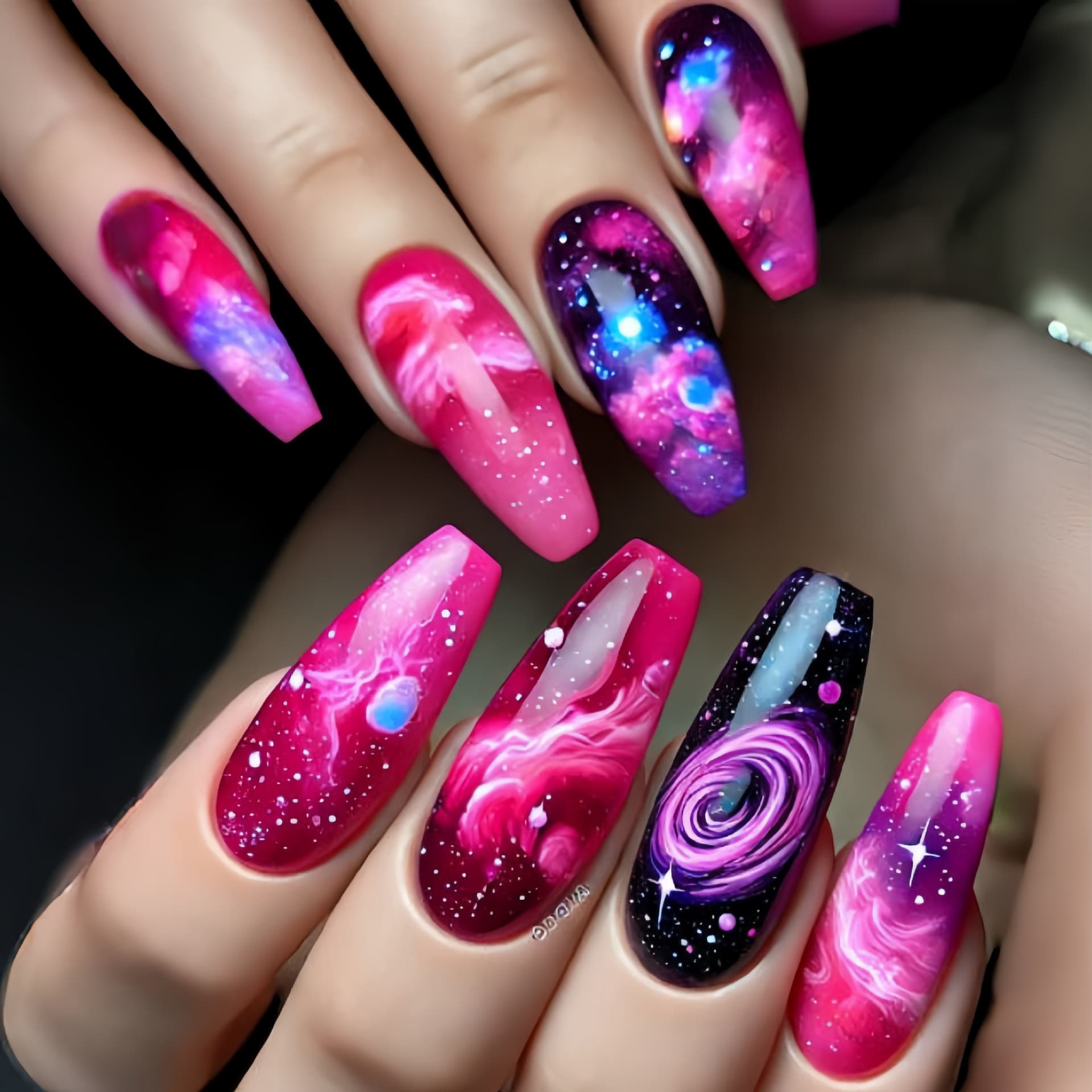 Press-On Nail Tips Medium-Long Pink Galaxy Space Nail Tips New Year Nail Art