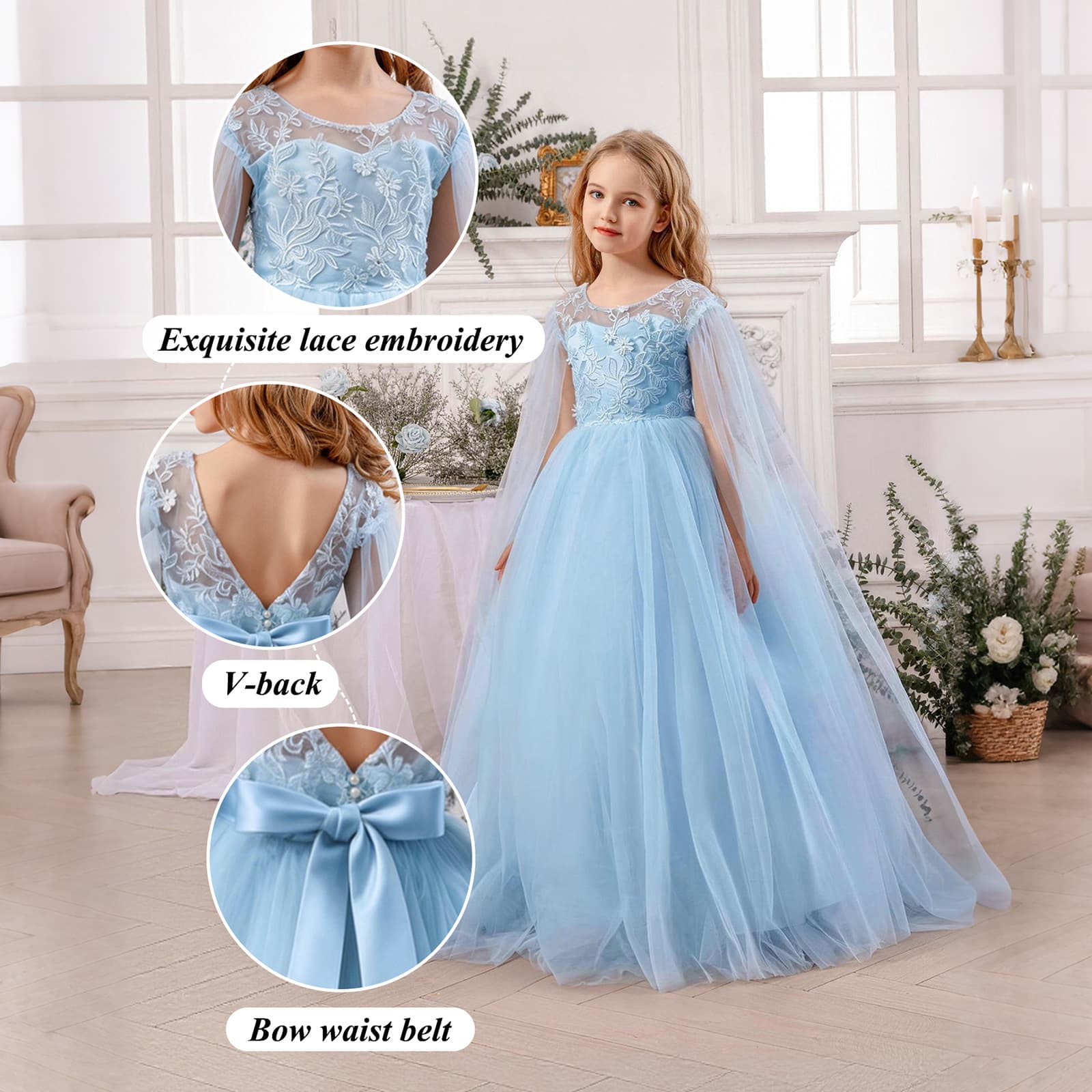 Little Girl Long Mesh Evening Dress Birthday Party Dance Piano Performance Flower Girl Gown for Cross-Border Trade