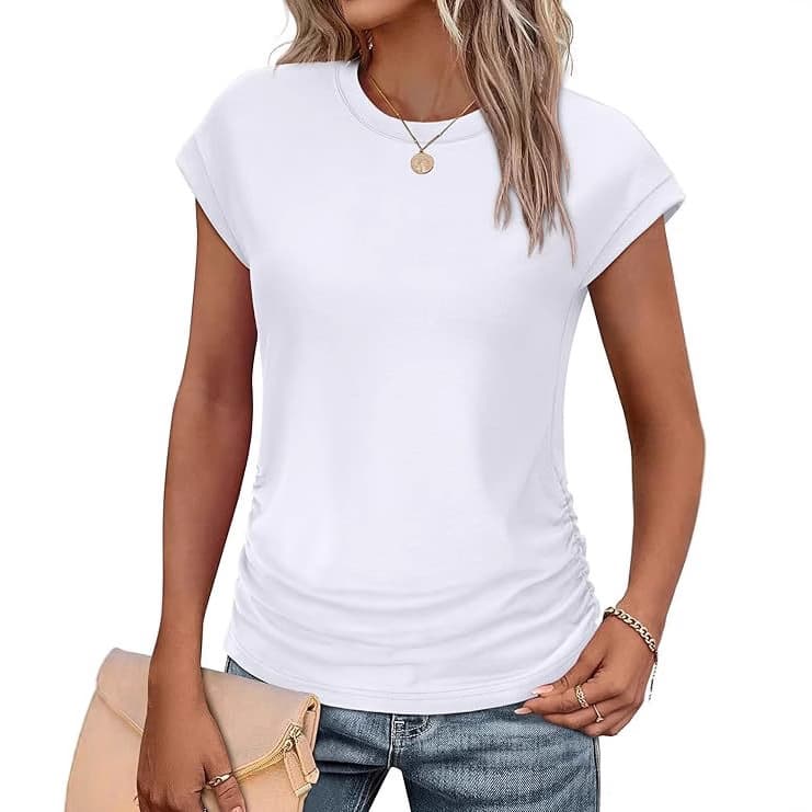 2025 Amazon European and American Women's Tops Fashion Pleated Hood Sleeve Cross-border Crew Neck Short Sleeve T-Shirt Solid Color Women's T-Shirt