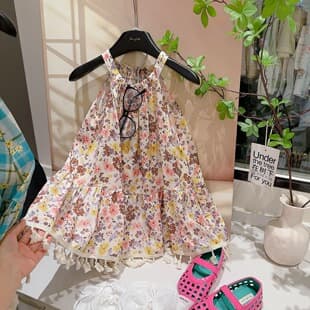 New Summer Girls Floral Dress Cotton Princess Dress Versatile Sleeveless Dress Thin Fashionable Beach Dress Wholesale