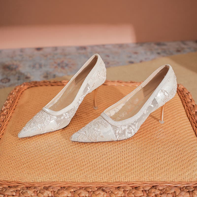 763-1 Pointed Toe High Heels Women's 2024 Spring New Women's Shoes Sexy Lace Hollow Out Flats Bridesmaid Shoes Wedding Shoes
