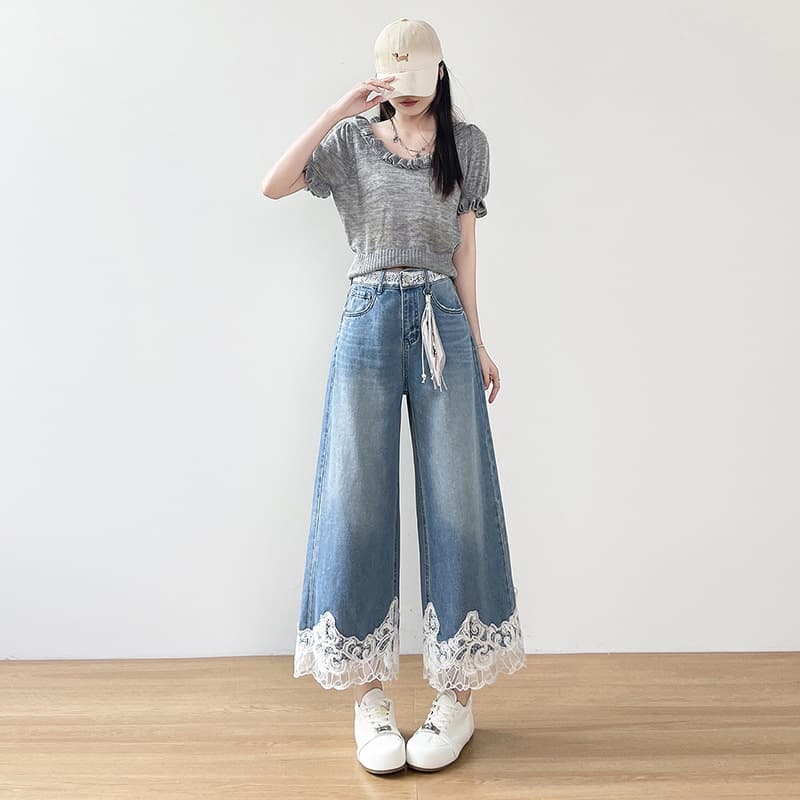 Designed Lace Trim Patchwork Straight Jeans for Women Summer Thin New Chinese Style Petite Ankle-Length Wide-Leg Pants