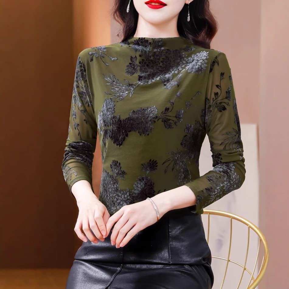 Fashion Stylish Fleece-Lined Thickened Base Shirt Women's Spring 2024 New Flocking Printed Shirt Warm Inner Top