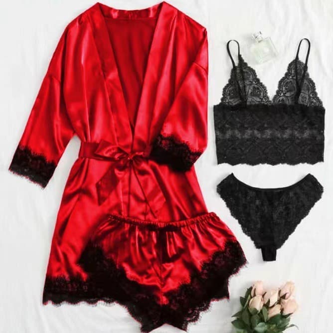 Overseas Cross-Border Women's Pajama Four-Piece Set Plus Size Robe Camisole Set Homewear Hot Selling Source