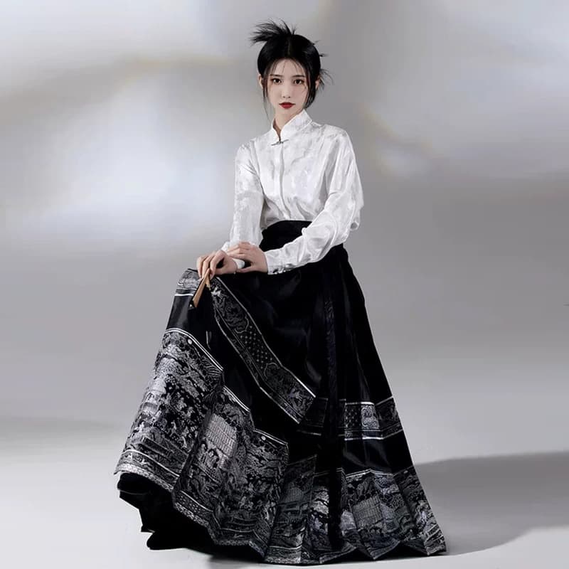 New Chinese style light traditional Chinese style horse face skirt set for women, autumn feel, temperament long-sleeved top and skirt two-piece set
