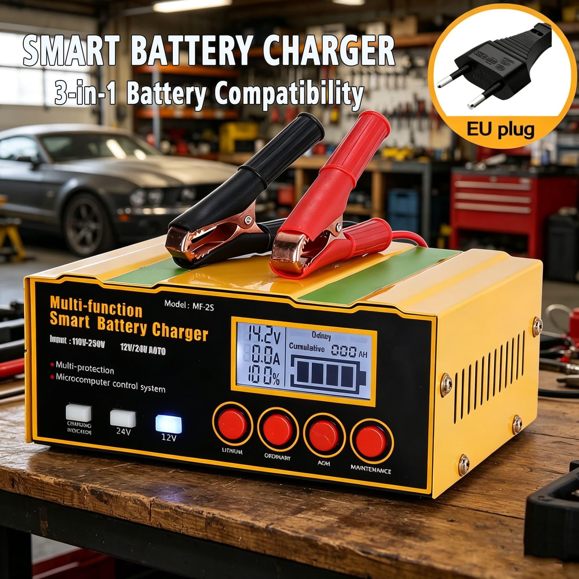 12V/24V 3-in-1 Charger Car Motorcycle Charger Lead Acid Lithium Battery Start-Stop Battery Charger