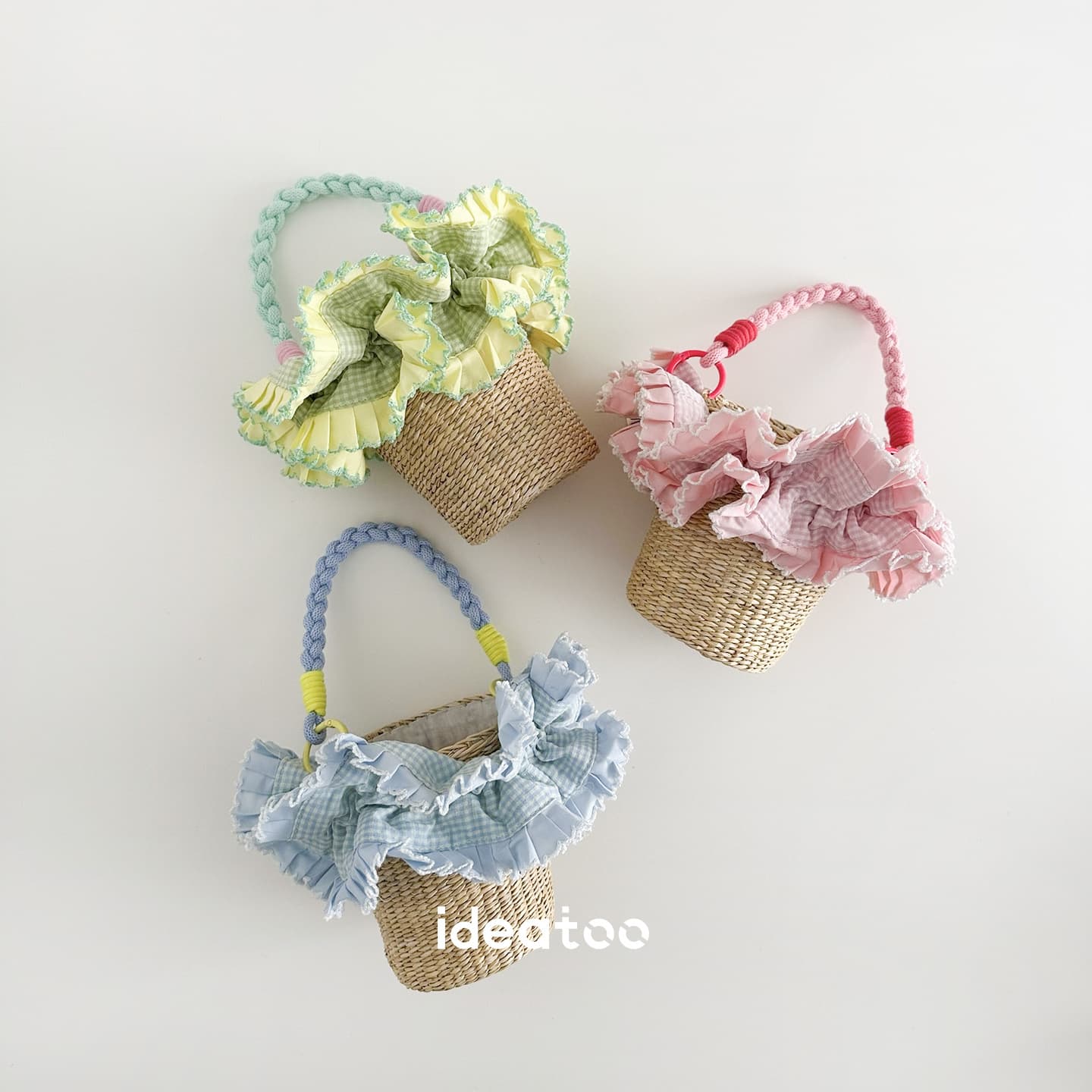Children's Ruffle Straw Woven Bucket Bag for Girls, Plaid Lace Handbag, Spring and Summer Princess Style
