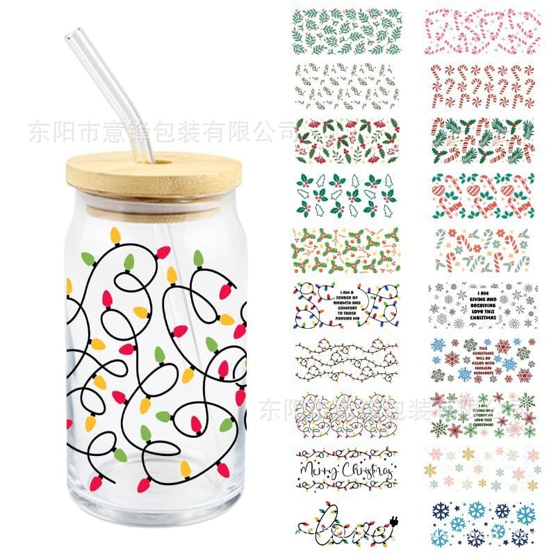 Christmas Lights Snowflake Holly Leaves Candy Cane UVDTF Transfer Crystal Clear Stickers Waterproof Scratch Resistant Wholesale
