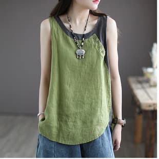 Linen 2025 Summer New Loose Fit Camisole for Women, Asymmetric Top, Button Decor, Spliced Sleeveless Top