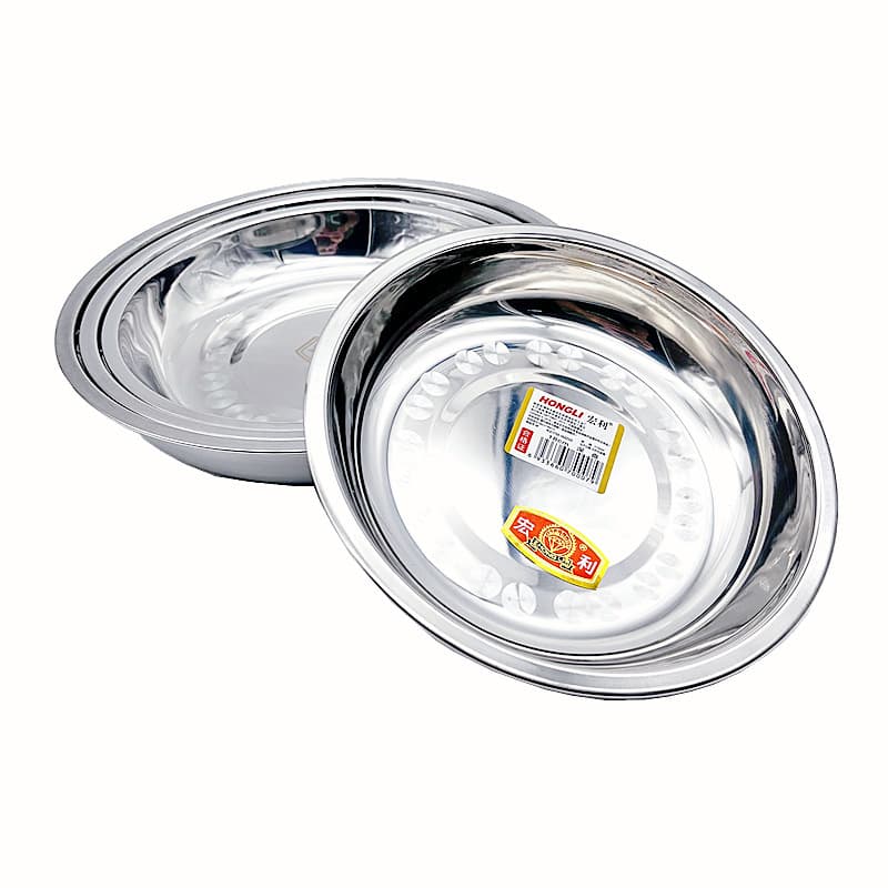 Hongli Stainless Steel Plate Thickened Kitchen Dish Restaurant Home Round Deepened Fruit Plate BBQ Tray Wholesale Stock