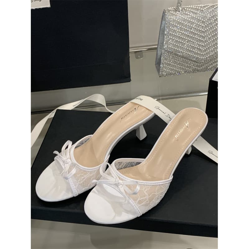 2025 Thin Heel High Heel Mesh Bow Sandals Slippers Size 35-39