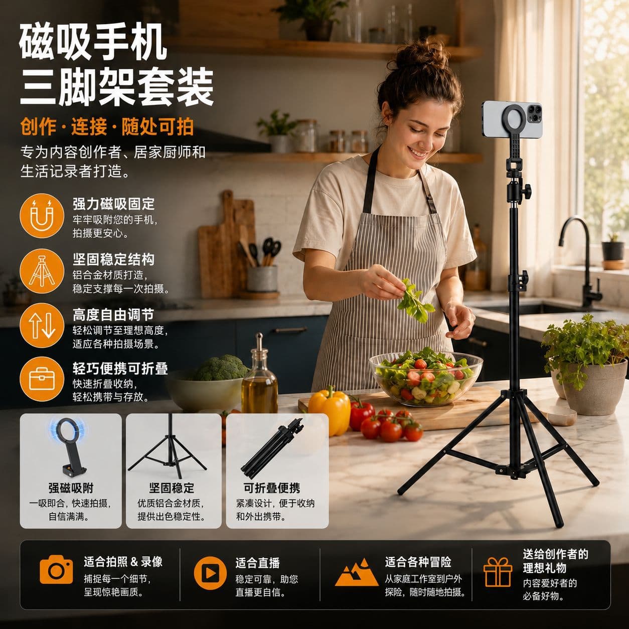 Live Streaming Phone Holder Portable Photography Stand 2m Thickened Magnetic Tripod