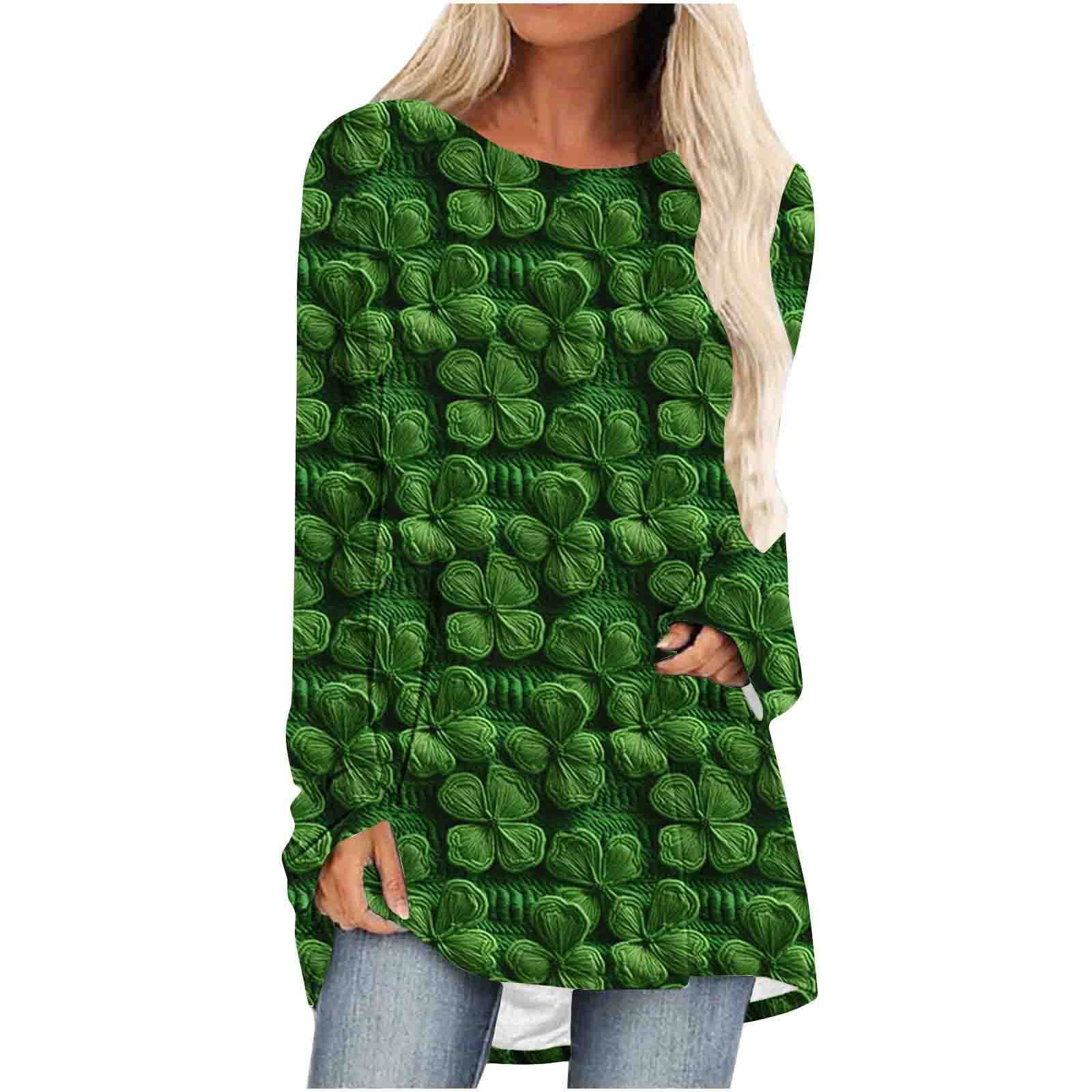 Women's 3D Printed Lucky Clover Round Neck Long-Sleeve Raglan Dress, European and American Style for Cross-Border Trade