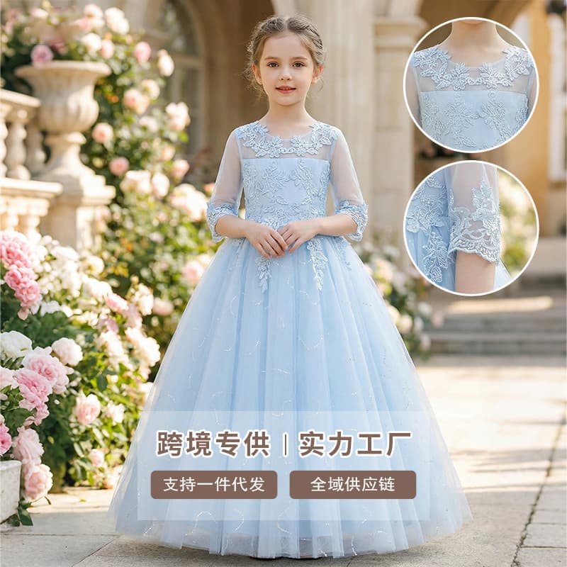 Cross-border trade girls' dress with lace trim, popular flower girl wedding dress for runway and piano performance, three-quarter sleeve