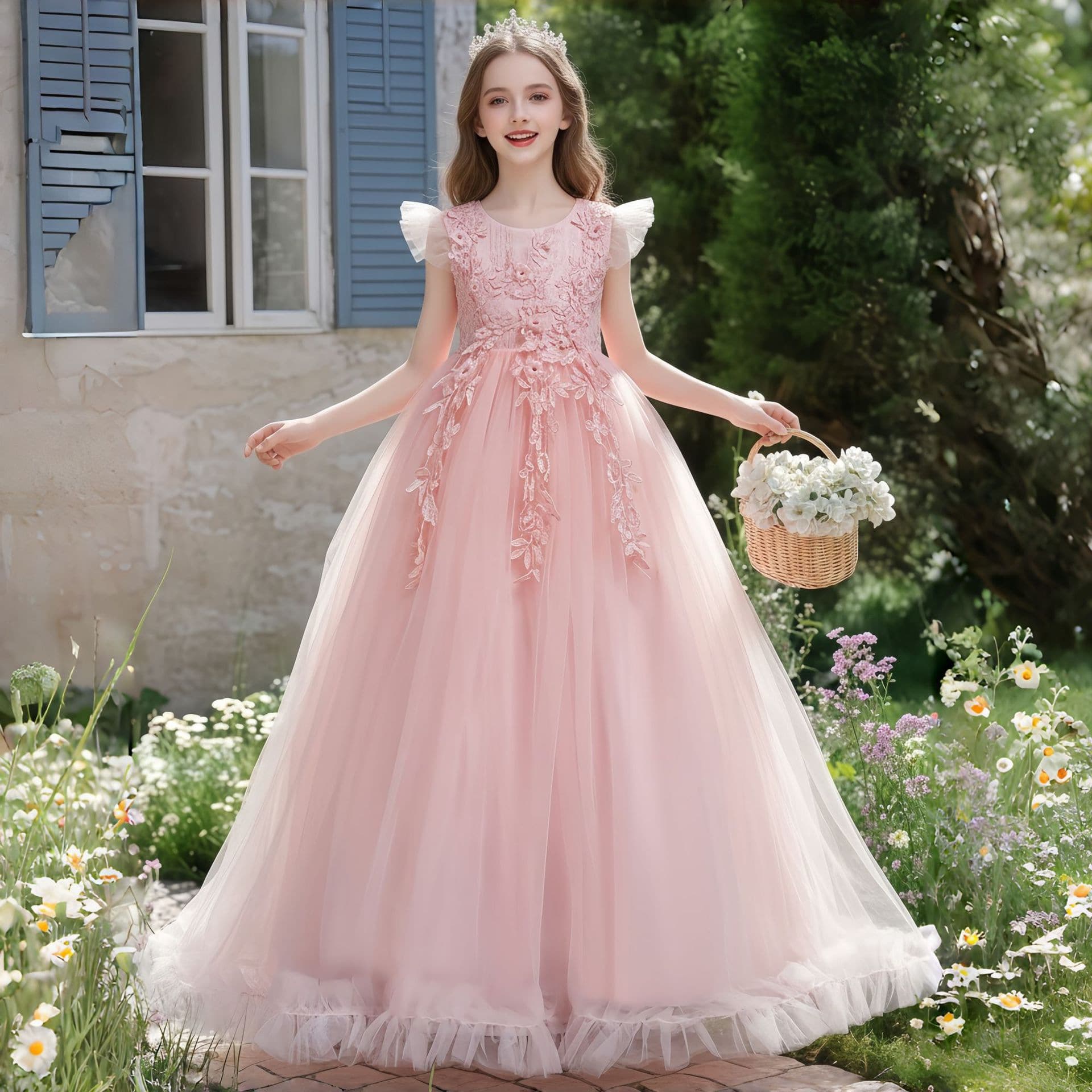 Export Princess Dress for Girls Children's Tulle Floor-Length Long Dress Mid-Large Kids Formal Gown with Tulle Lace