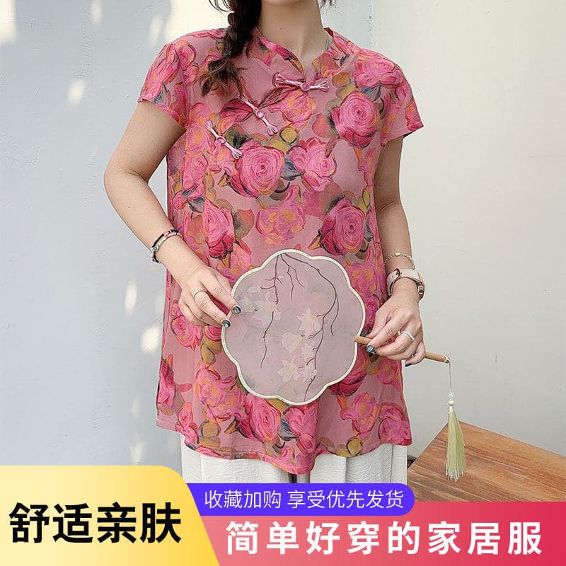 2026 new summer cotton silk thin short-sleeved T-shirt for women new Chinese tops national trend loose national style artificial cotton