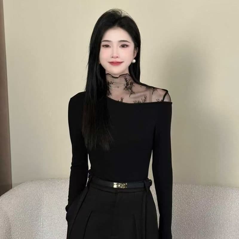 Pure and Alluring Lace Panel Off-Shoulder Top for Women, Fall/Winter Inner Layer, Slim Fit, Sexy, Unique, and Stylish Blouse