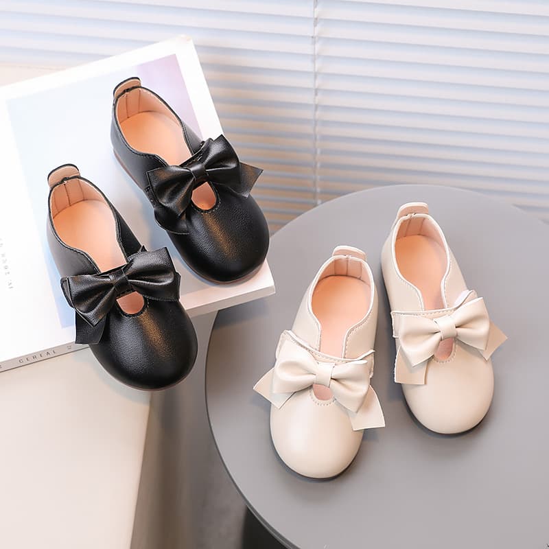 Children's Round Toe Small Leather Shoes Girls' Fashion Bow Flat Shoes Little Girls Solid Color Princess Shoes Soft Sole Dance Shoes