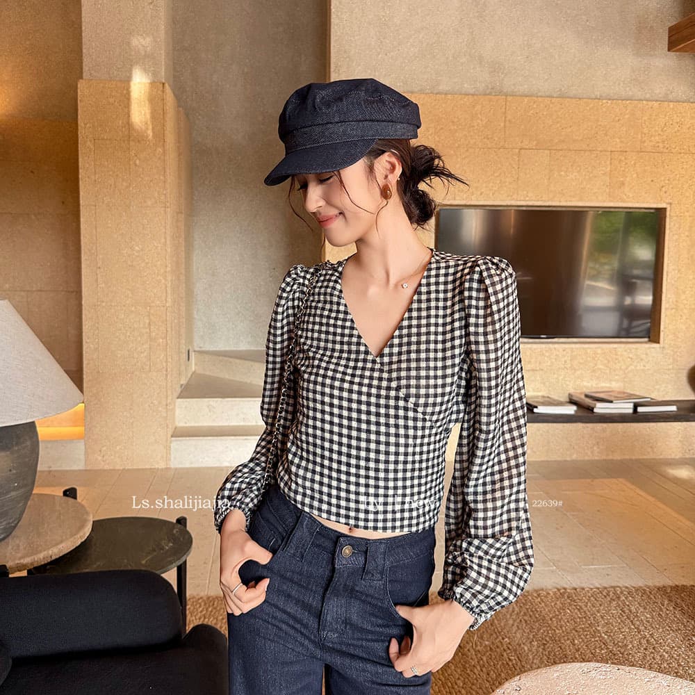 LS Retro Hong Kong Style Waist-Tied Checkered Blouse Women's 2026 Spring/Summer New Arrival Top 22639