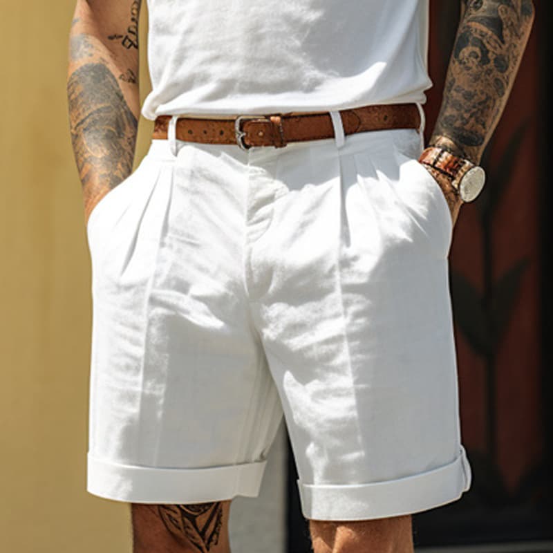 Men's Shorts Linen Shorts Summer Shorts Pleated Shorts Pocket Pleated Straight Leg Plain Comfortable and Breathable