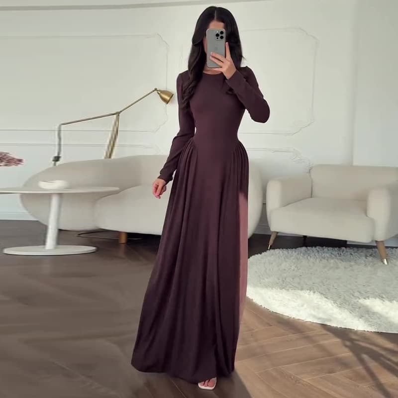 2026 new European and American Amazon cross-border foreign trade women's round neck long-sleeved waist-cut solid color elegant long skirt
