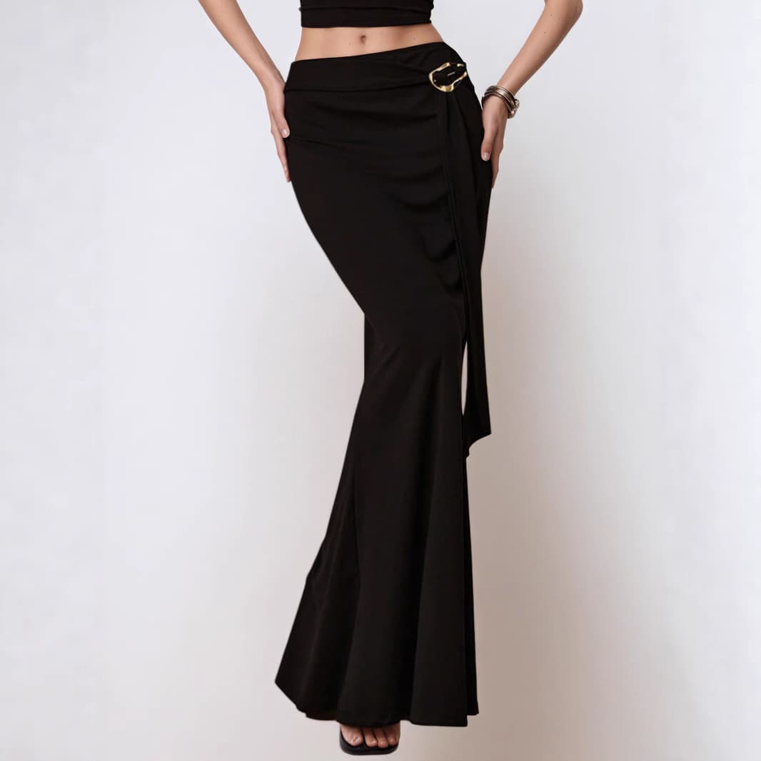 Elegant Black Bodycon Mermaid Skirt for Women 2025 Summer Designer Long Skirt with Metal Accessories Slim Fit Half Skirt