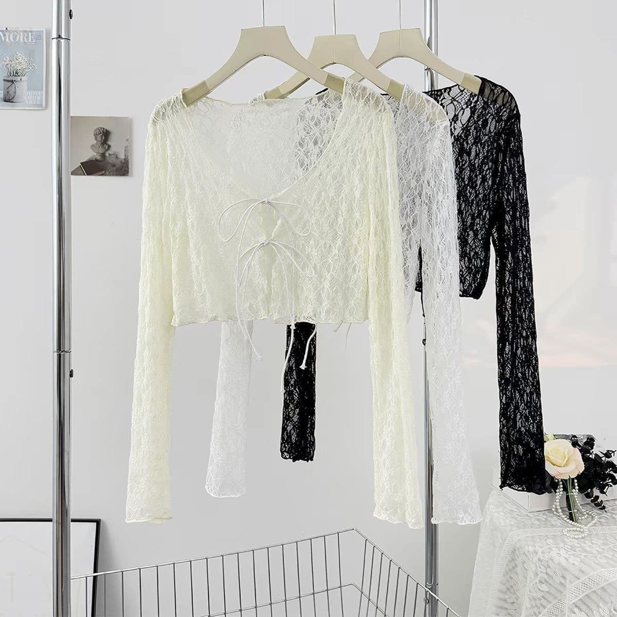 Summer Tie-Front Cardigan Soft Lace New Thin Short Sun Protection Camisole Cover-Up Shawl Long Sleeve Top Outerwear