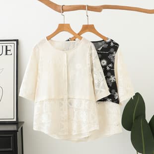 2026 Summer Plus Size Shirt Short Sleeve Women's Fake Two-Piece Top Cardigan Mesh Fashion Blouse for Curvy Women 1423