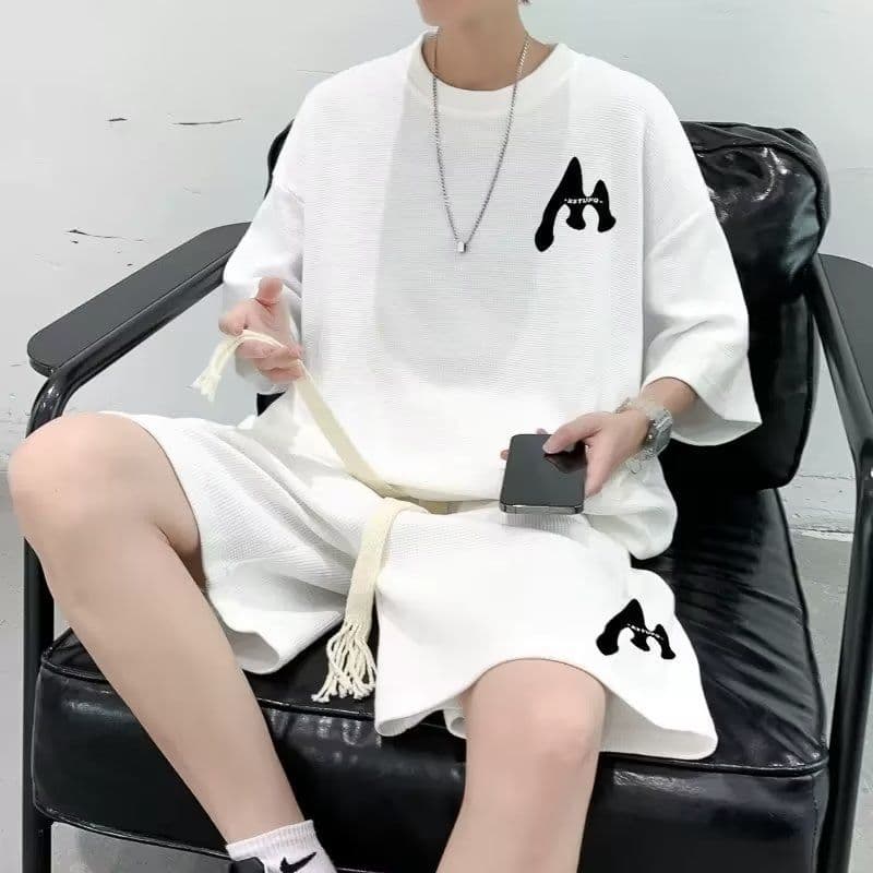 Heavy waffle casual sports suit summer boys fashion two-piece set with Hong Kong style short-sleeved shorts