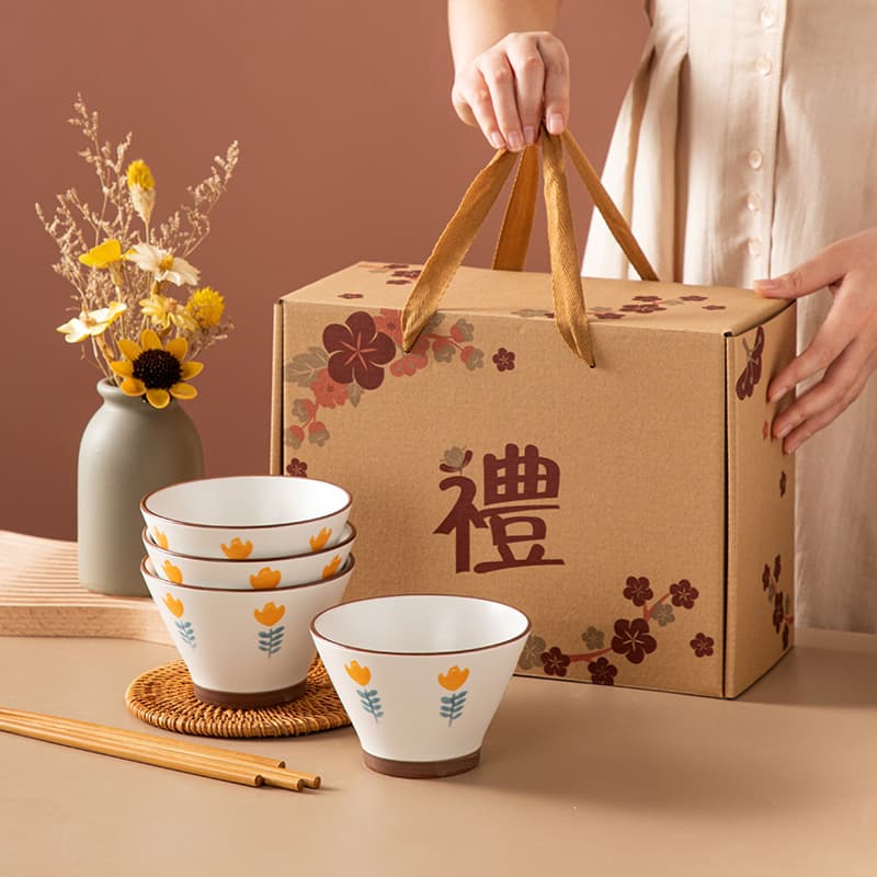 Japanese-style bamboo hat bowl set rice bowl gift box gift practical opening event souvenir Mid-Autumn Festival Teacher's Day gift