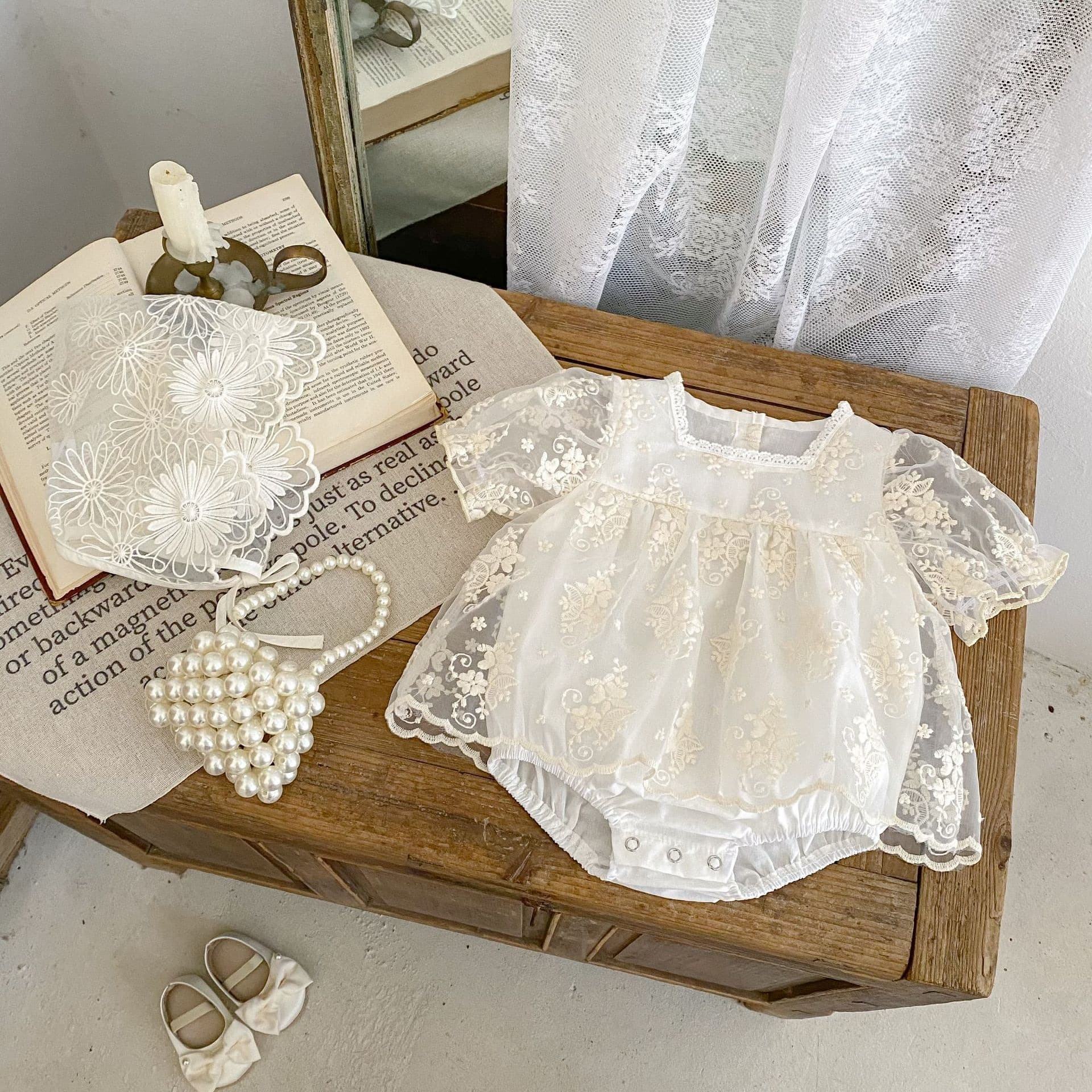 Baby girl baby skirt summer new style embroidered lace mesh short-sleeved skirt sweet one-year-old jumpsuit