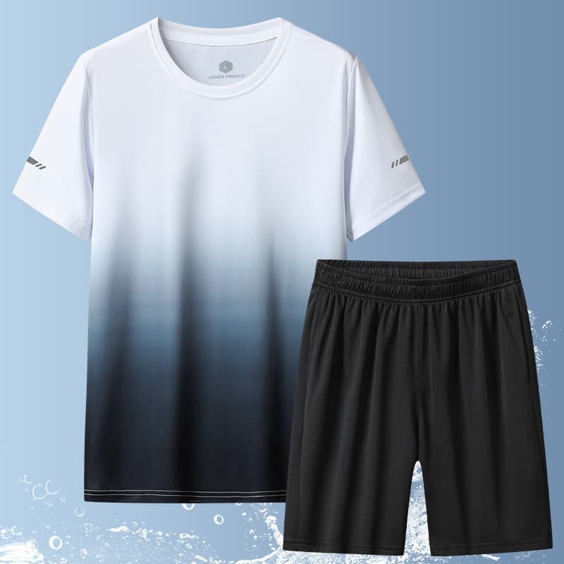 Summer Gradient Fitness Wear for Men Ice Silk Quick-Dry Sports T-Shirt Short Sleeve Shorts Morning Run Cycling