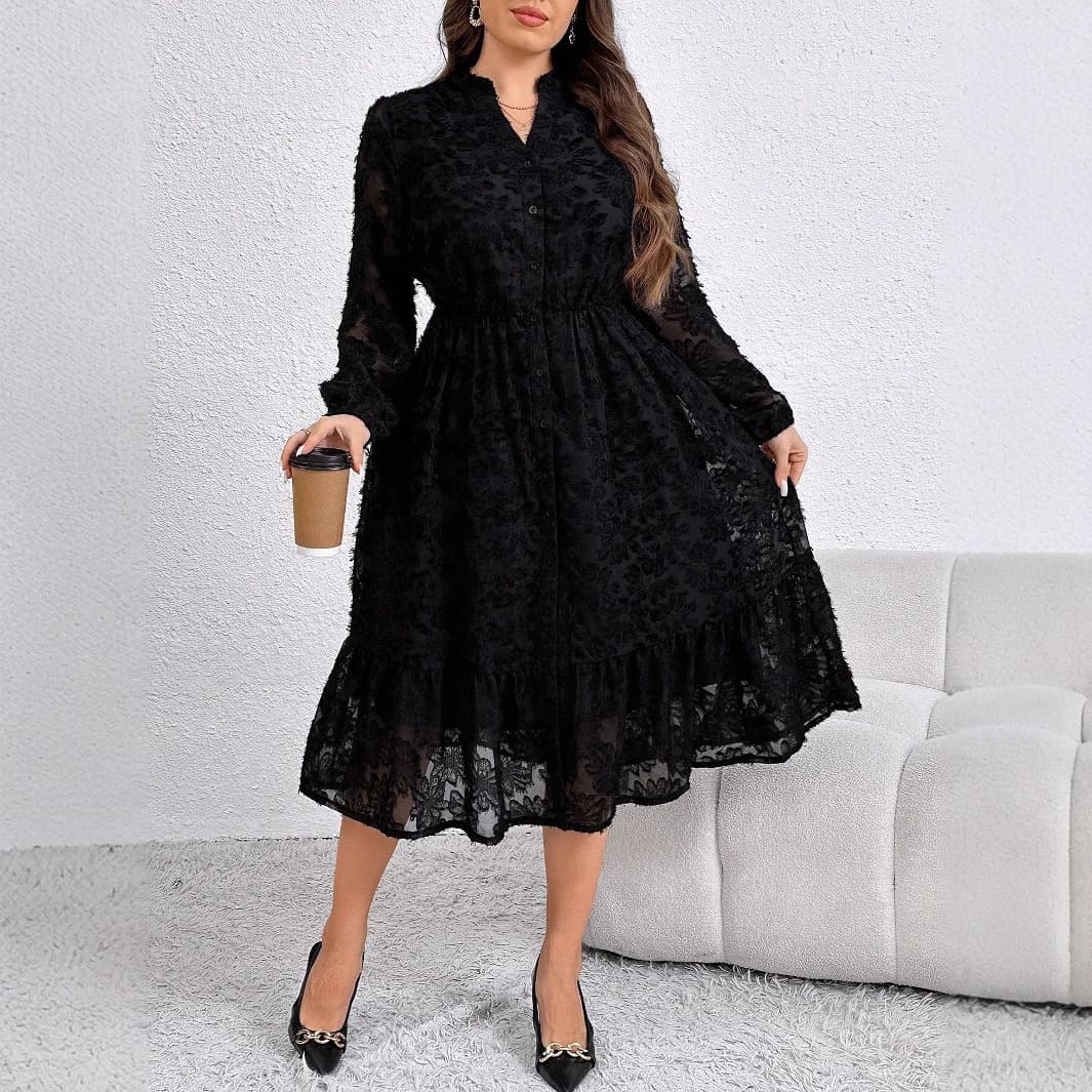 Plus Size Women's Elegant Lace Notched Neck Lantern Sleeve Stitched Hem Cinched Waist Dress Long Autumn Dress