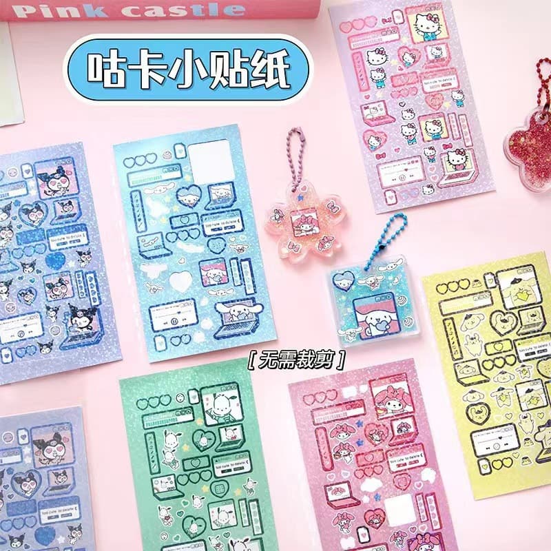 Sanrio laser stickers, Guga Guga, cute cartoon Cinnamon Dog, My Melody, DIY journal kit, wholesale available on Instagram.