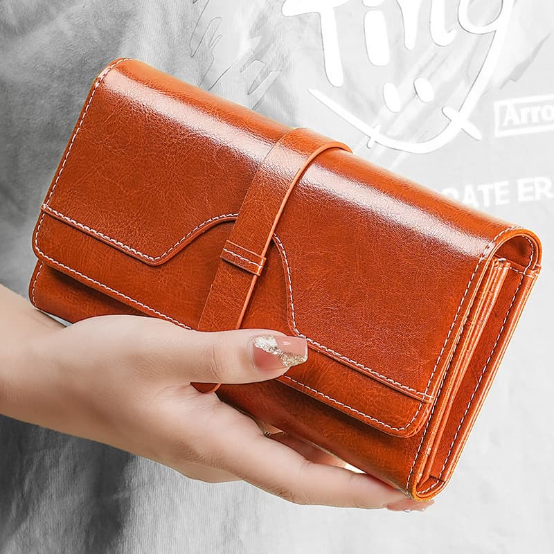 Premium Cowhide Long Wallet for Women RFID Anti-Theft Brush Oil Leather Handbag Can Hold Mobile Phone Business Commuting Style