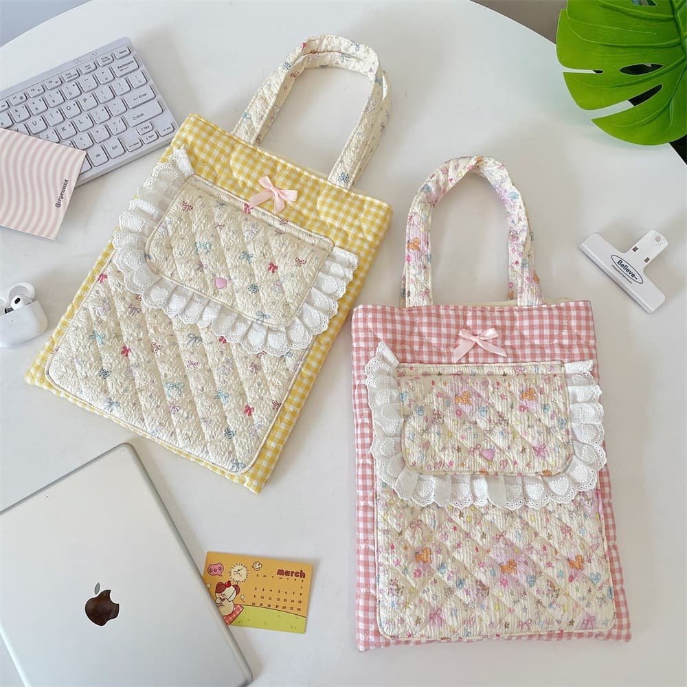 65237 Blue and Yellow Cartoon Quilted Laptop Bag, Floral Japanese Fresh Style Notebook Storage Pouch, Tablet Protective Case