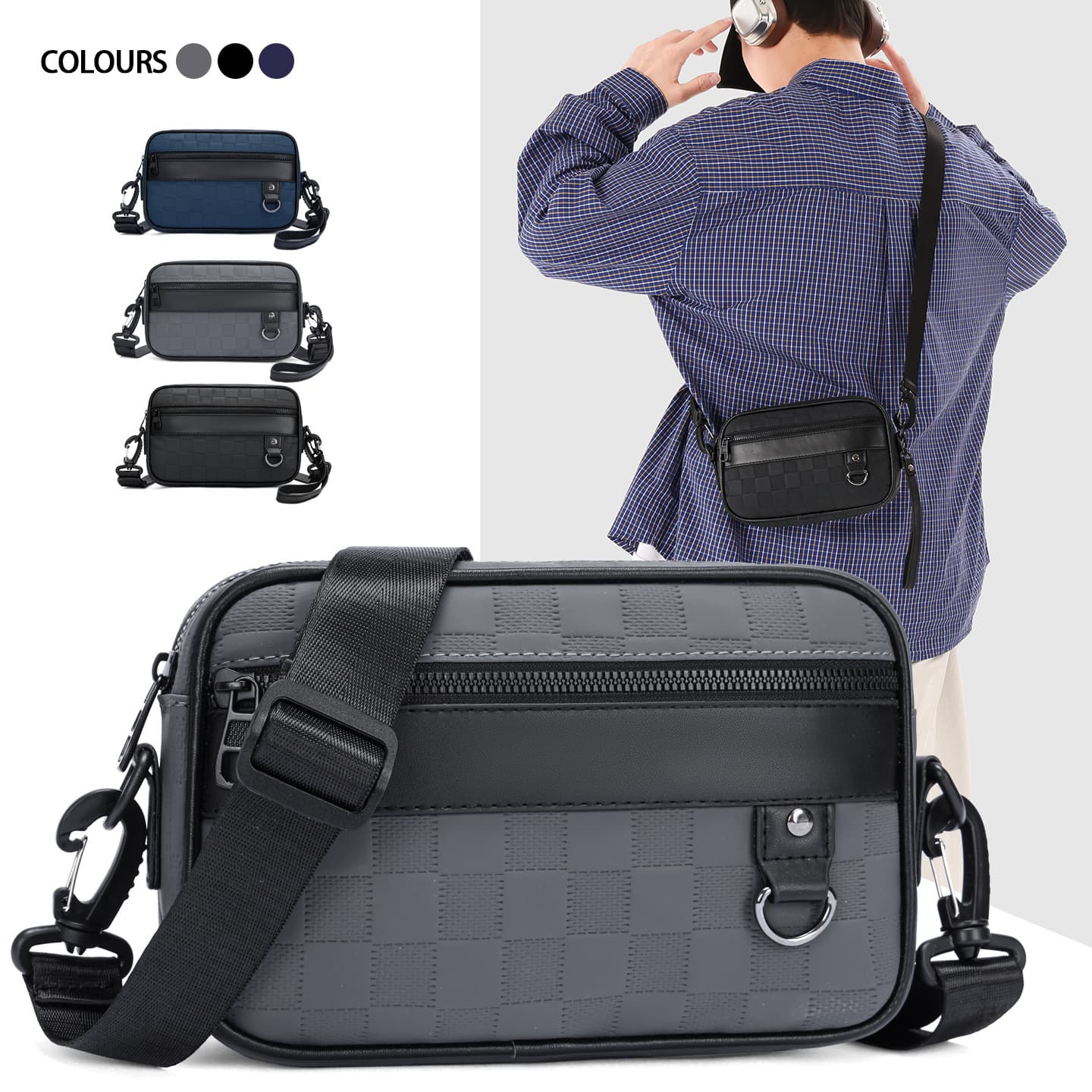 Men's bags, high-end cross-body bags, new checkerboard pattern, casual, fashionable and trendy shoulder bags, business commuter bags for men