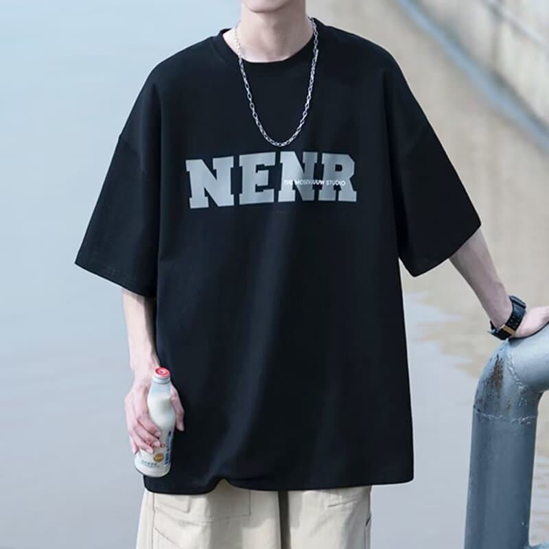 Loose Men's Short Sleeve T-Shirt Summer Trendy Brand American Style Large Size Student Sweatshirt Polyester Fiber Cartoon Pattern