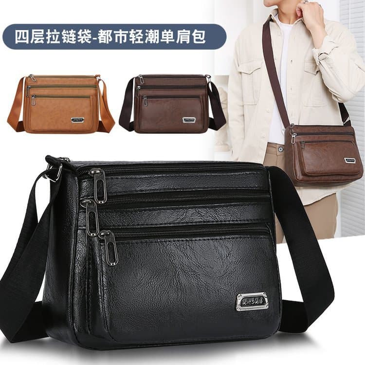 Men's PU Leather Crossbody Shoulder Bag Solid Color Durable Water-Resistant Multi-Compartment Four-Zipper Shoulder Bag Wholesale