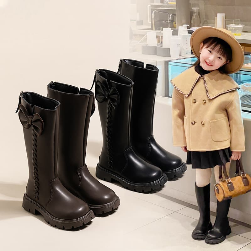 Children's Fleece-Lined Boots 2025 Autumn and Winter New Style Girls' Bowknot Fashion High Boots for Older Kids Warm Trendy Boots